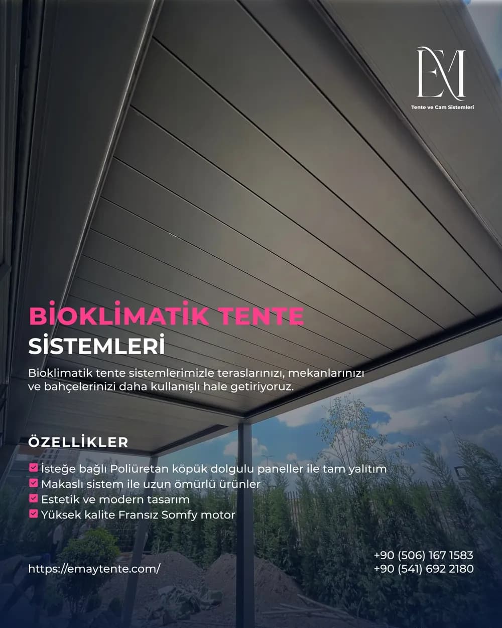 Bioklimatik Pergola bilgi kartı. Aynı özellikler Bioklimatik Pergola sayfasında yazılı olarak da var.