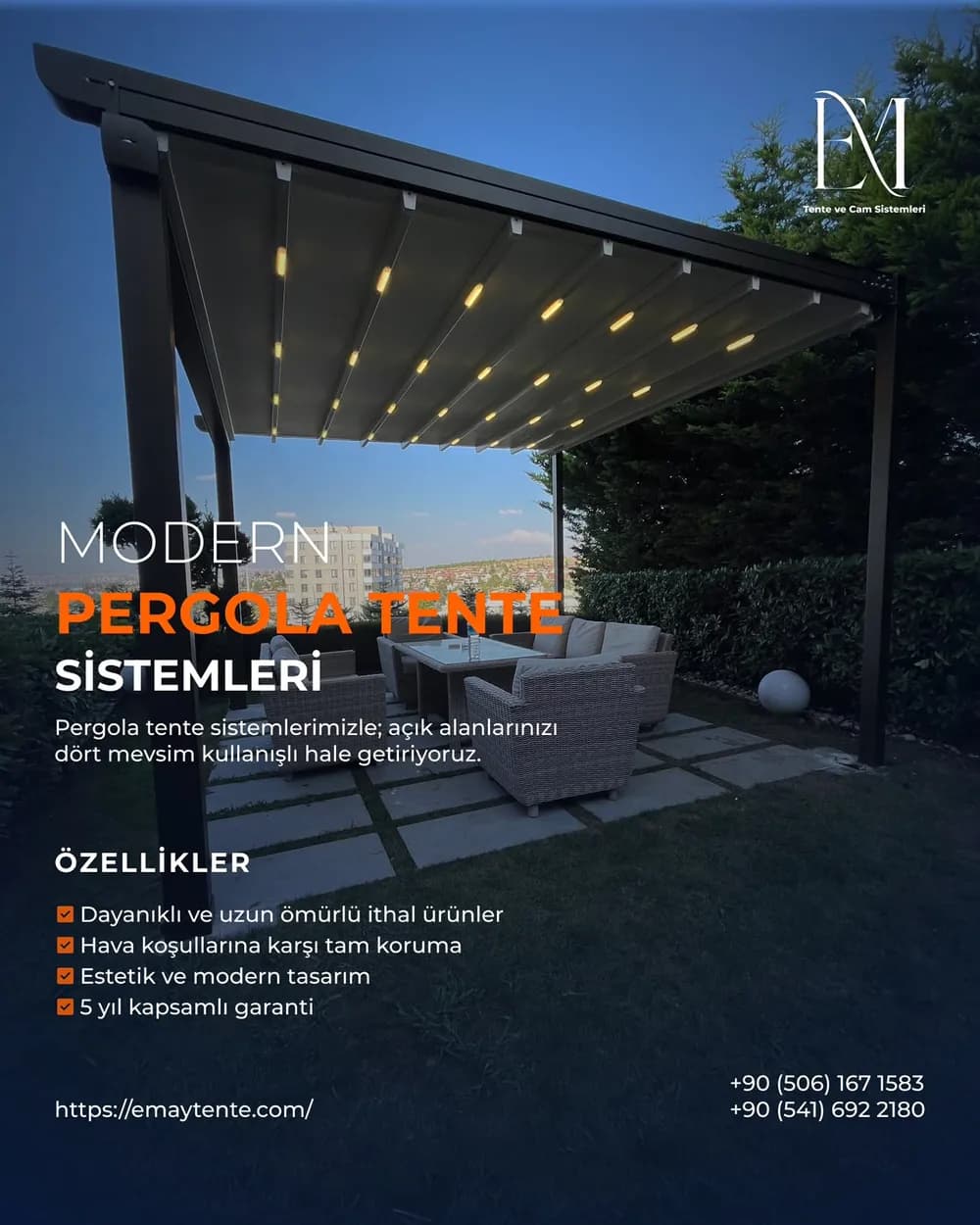 Modern Pergola Tente bilgi kartı. Aynı özellikler Modern Pergola Tente sayfasında yazılı olarak da var.
